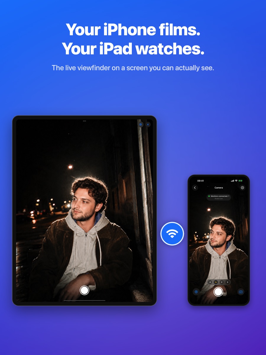 An iPad and an iPhone side by side showing the same live picture, linked over Wi-Fi