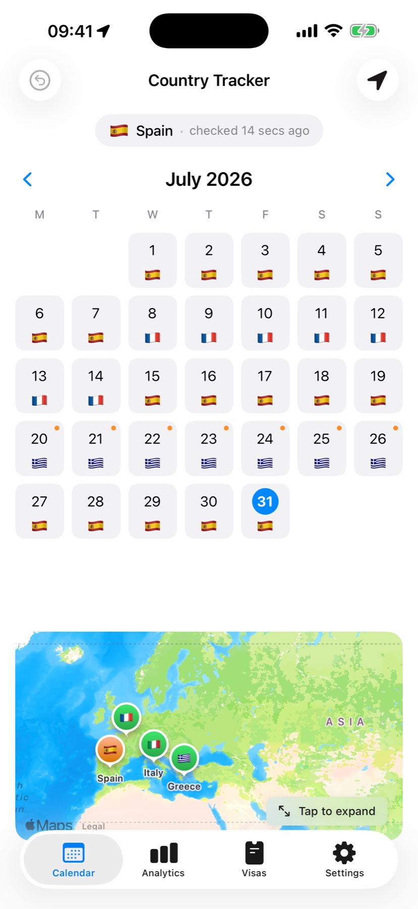 Calendar with country flags on each travel day