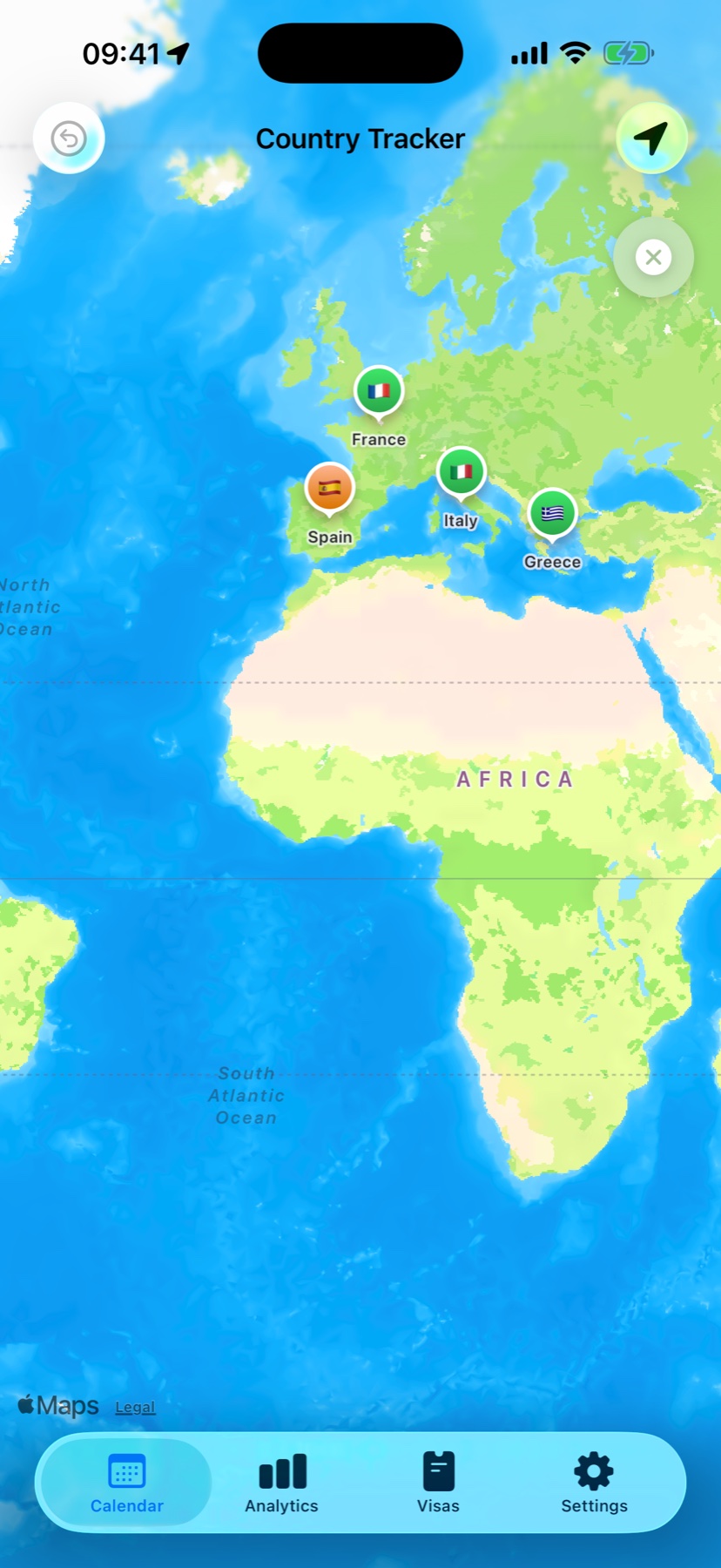 World map with pins for visited countries