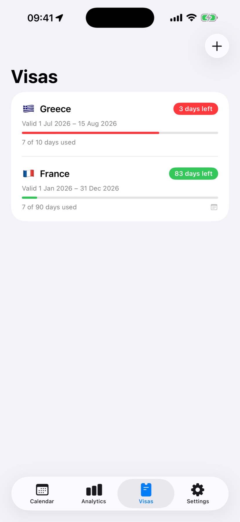 Visas: progress bars of visa days used and days-left reminders