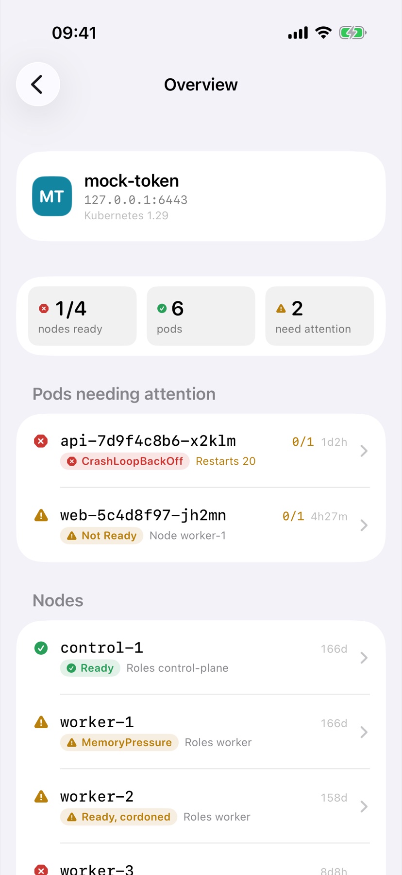 Cluster overview: nodes ready, pods needing attention, recent warnings