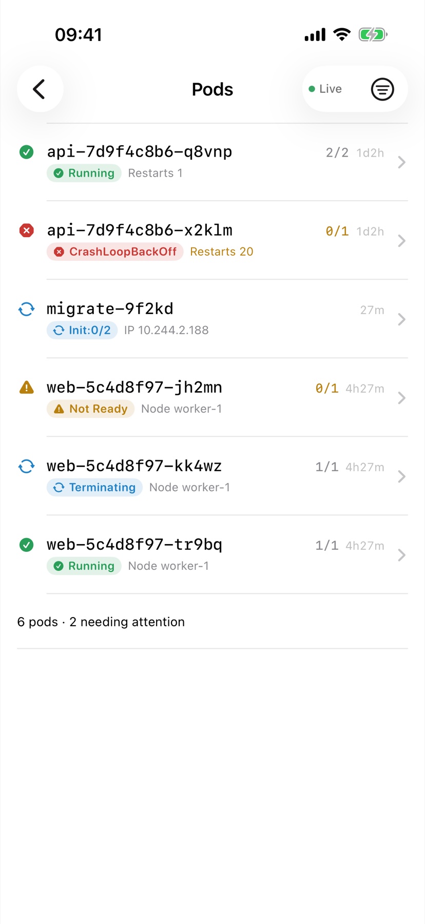 Live pod list with per-container status