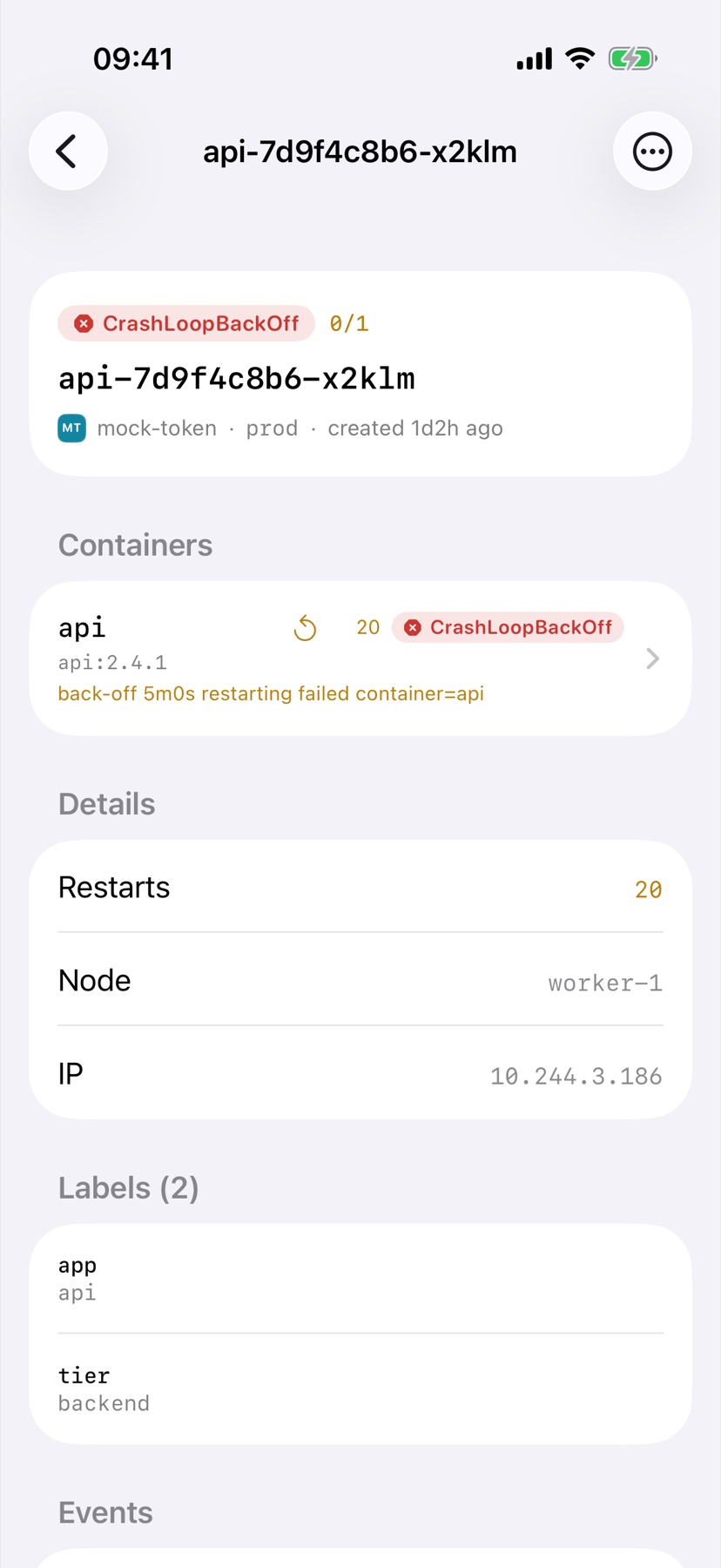 Pod detail with containers, restarts and events