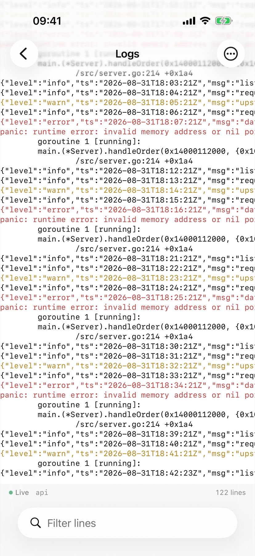 Streaming container logs with errors highlighted