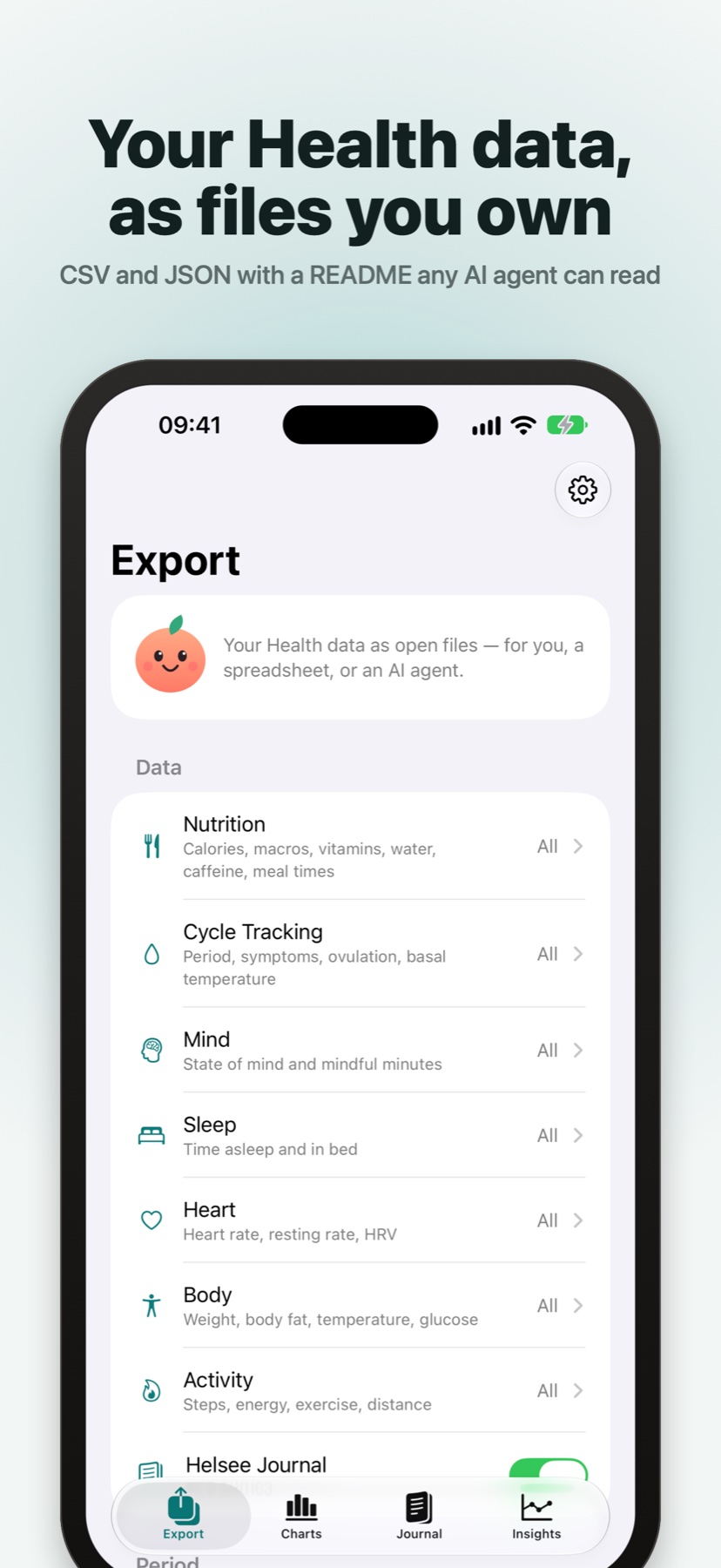 Choosing what to export: nutrition, cycle tracking, mind, sleep, heart, body and activity